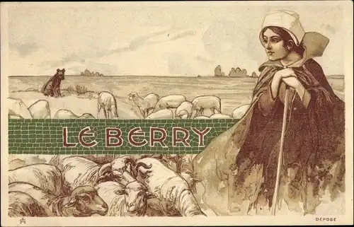 Litho Le Berry, Hirten mit Schafherde und Hütehund