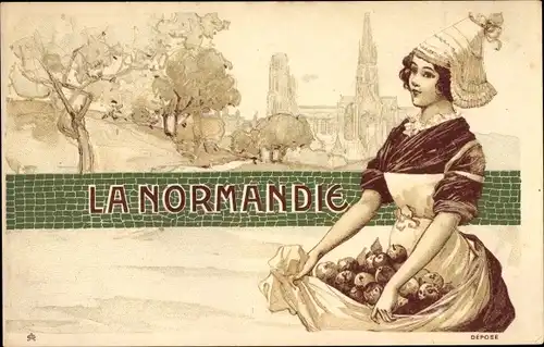 Litho La Normandie, Frau in Volkstracht