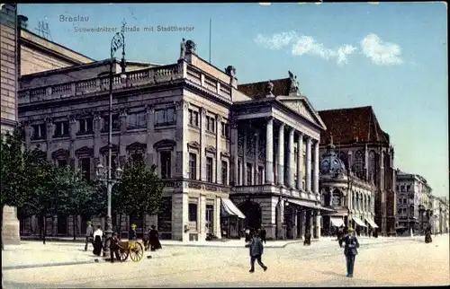 Ak Wrocław Breslau Schlesien, Schweidnitzer Straße mit Stadttheater