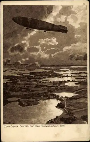 Künstler Ak Diemer, Zeno, Schütte Lanz über den Masurischen Seen, Zeppelin