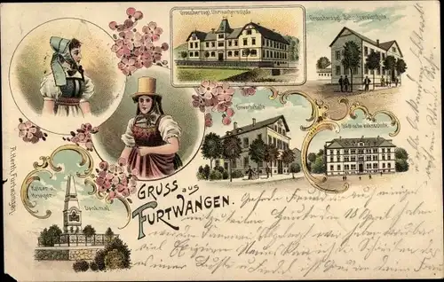 Litho Furtwangen im Schwarzwald, Uhrmacherschule, Kriegerdenkmal, Gewerbehalle