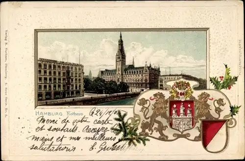 Präge Wappen Passepartout Litho Hamburg, Rathaus