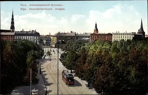 Ak Riga Lettland, Alexanderboulevard, Anlagen, Straßenbahn