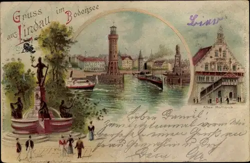 Litho Lindau am Bodensee Schwaben, Hafenpartie, Monumentalbrunnen, Altes Rathaus