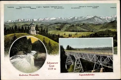 Ak Weitnau Oberallgäu Bayern, Riedholzer Wasserfälle, Schwarzer Grat, Argentobelbrücke