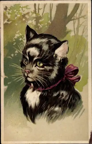 Präge Litho Schwarza Hauskatze mit Halsband