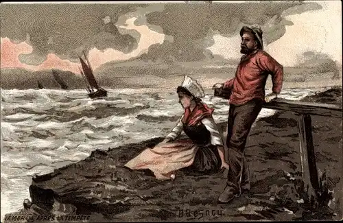 Künstler Ak Besnau, O., La Mer, Fischerpaar am Meer