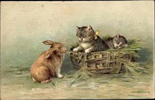 Präge Litho Zwei Kätzchen in einem Korb, Hase