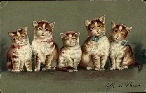 Präge Litho Fünf Hauskatzen, Kätzchen