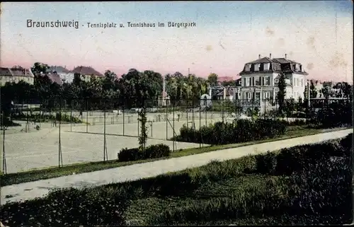 Ak Braunschweig in Niedersachsen, Tennisplatz und Tennishaus im Bürgerpark