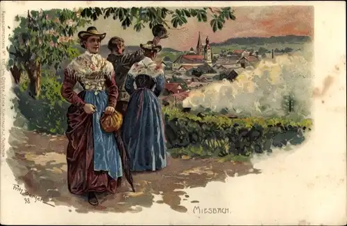 Litho Miesbach in der Region Oberland Oberbayern, Blick auf den Ort, Mann, Frauen in Volkstrachten