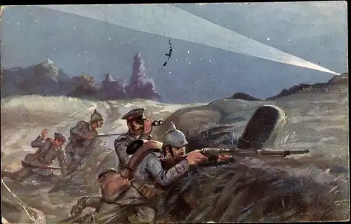 Künstler Ak Deutscher Soldat in Uniform im Schützengraben, Gewehre