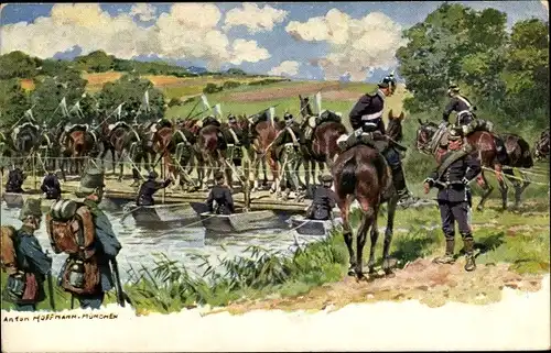 Künstler Ak Hoffmann, Anton, Deutsche Soldaten, Pferde, Schiffbrücke