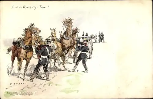 Künstler Ak Becker, Carl, Erstes Geschütz, Feuer, Soldaten mit ihren Pferden