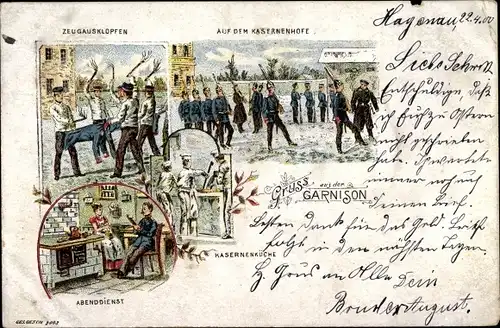 Litho Alltag in der Garnison, Kasernenküche, Zeugausklopfen, auf dem Kasernenhof, Abenddienst