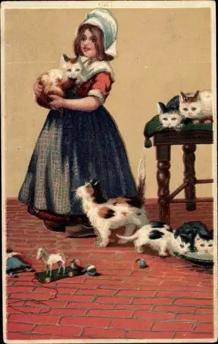 Präge Ak Mädchen mit Hauskatzen, Holzpferd, Puppe