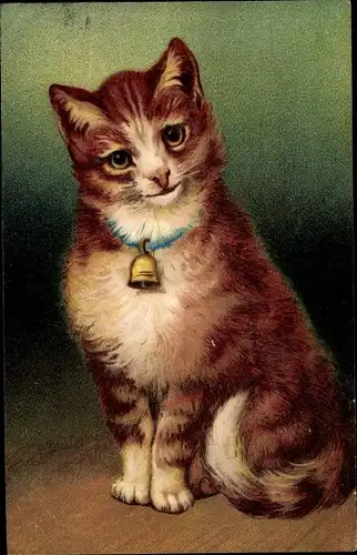 Präge Ak Hauskatze, Portrait mit Glocke