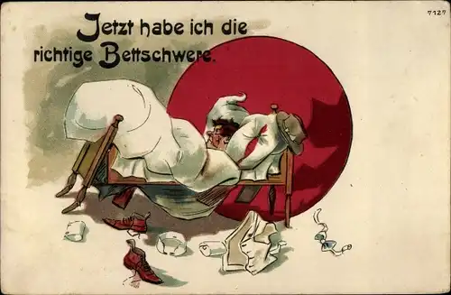 Litho Bettschwere, schlafender Mann, nachgebendes Bett, Kleidung