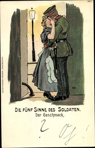 Litho Die Fünf Sinne des Soldaten, Der Geschmack, Kuss