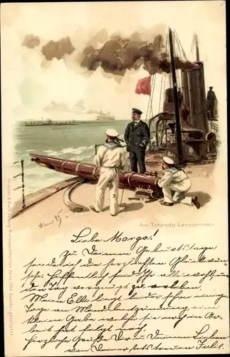 Künstler Litho Bohrdt, Hans, Am Torpedo Lancierrohr, Deutsche Seeleute, Kriegsschiff