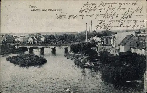 Ak Żagań Sagan Schlesien, Panorama, Boberbrücke