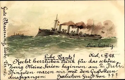 Künstler Litho Bohrdt, Hans, Litho Deutsches Kriegsschiff, SM Aviso Greif unter Volldampf