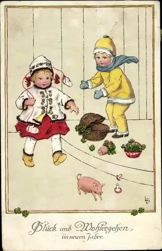 Künstler Ak Glückwunsch Neujahr, Kinder, Glücksschwein, Kleeblätter