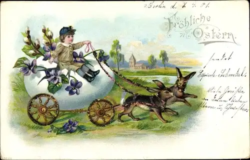 Glitzer Litho Glückwunsch Ostern, Hasen ziehen Eierkutsche, Weidenkätzchen, Veilchen