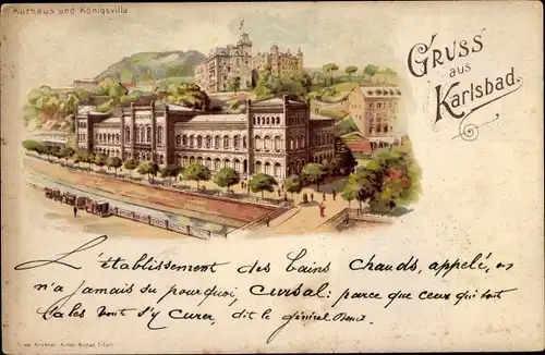 Litho Karlovy Vary Karlsbad Stadt, Kurhaus und Königsvilla