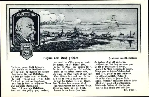 Künstler Ak Böttcher, M., Schriftsteller Emanuel Gurlitt, Husum vom Deich gesehen