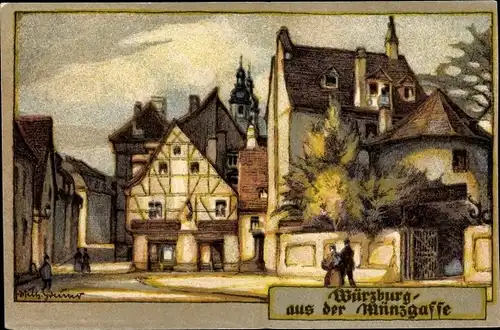 Steindruck Ak Greiner, Wilh., Würzburg am Main Unterfranken, Münzgasse