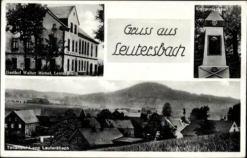 Ak Leutersbach Kirchberg in Sachsen, Kriegerdenkmal, Gasthof, Teilansicht