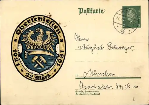 Ganzsachen Ak Oberschlesien, 22 März, 1921 bis 1931, Wappen, 8 Pfennig