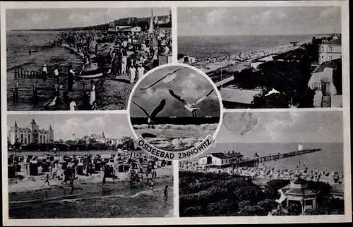 Ak Ostseebad Zinnowitz auf Usedom, Strandpartie, Möwen, Anlegestelle