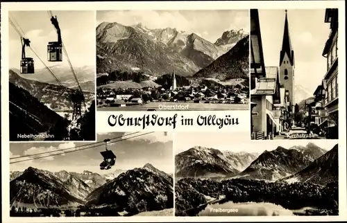 Ak Oberstdorf im Oberallgäu, Kirchstraße, Nebelhornbahn, Freibergsee, Sessellift, Totalansicht