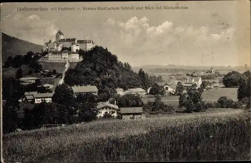 Ak Hohenaschau Aschau im Chiemgau Oberbayern, Ort mit Freiherrl. v. Kramer-Klett'schem Schloss