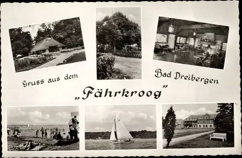 Ak Dreibergen Bad Zwischenahn in Oldenburg, Ammerländer Gaststätte Fährkroog, Segelboot, Strand