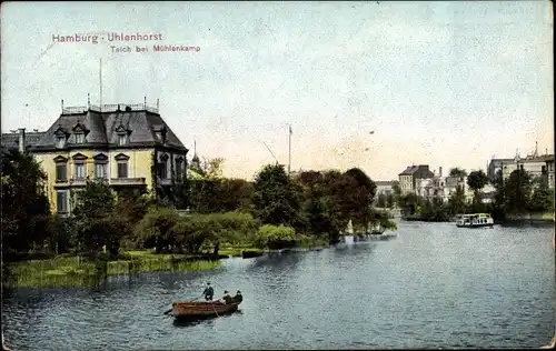 Ak Hamburg Nord Uhlenhorst, Teich bei Mühlenkamp, Bootspartie