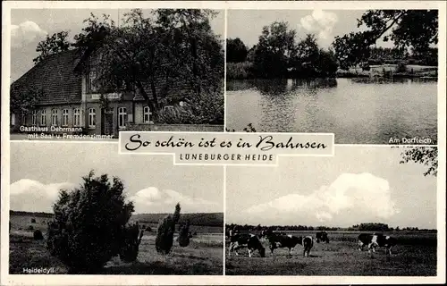 Ak Bahnsen Suderburg in Niedersachsen, Gasthaus Dehrmann, Dorfteich, Heideidyll, Kuhweide