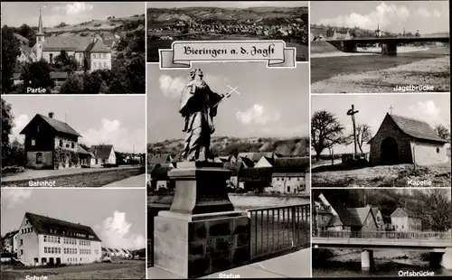 Ak Bieringen Schöntal in Baden Württemberg, Jagstbrücke, Bahnhof, Schule, Statue, Ortsbrücke