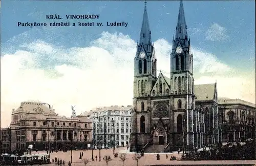 Ak Královské Vinohrady Königliche Weinberge Praha Prag, Purkynovo namesti a kostel sv. Ludmily
