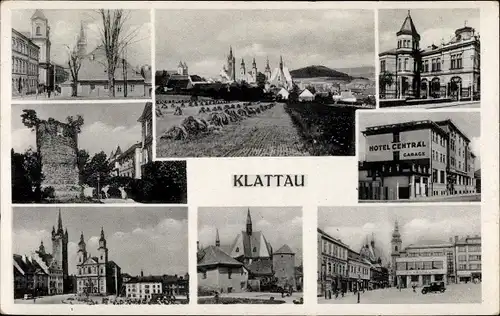 Ak Klatovy Klattau Region Pilsen, Stadtansichten, Hotel Central, Marktplatz, Kirche