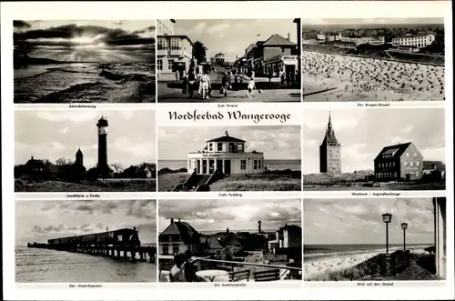 Ak Wangerooge in Friesland, Burgenstrand, Leuchtturm, Kirche, Café Pudding, Westturm, Inselexpress