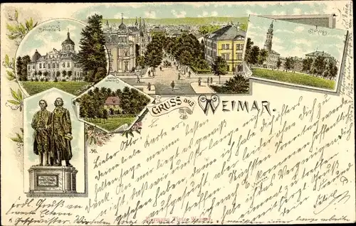 Litho Weimar in Thüringen, Belvedere, Schloss, Goethe Schiller Denkmal, Goethes Gartenhaus