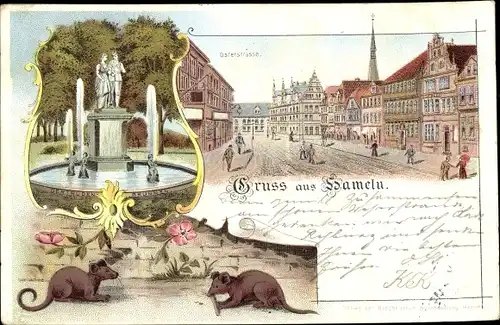 Litho Hameln an der Weser Niedersachsen, Ratten, Osterstraße, Getrudenbrunnen