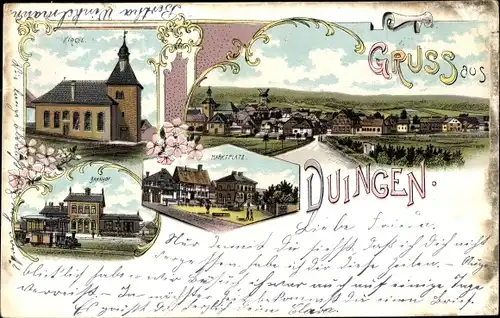 Litho Duingen Niedersachsen, Kirche, Bahnhof, Gleisseite, Marktplatz, Totalansicht vom Ort