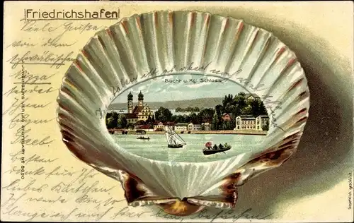 Muschel Litho Friedrichshafen am Bodensee, Bucht und Kgl. Schloss