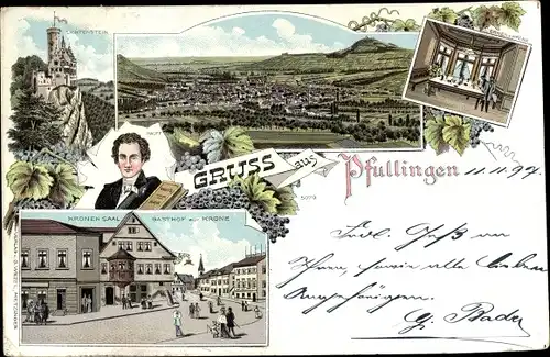 Litho Pfullingen in der Schwäbischen Alb, Gasthof zur Krone, Lichtenstein, Wilhelm Hauff, Portrait