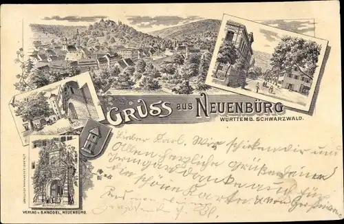 Litho Neuenbürg im Schwarzwald Württemberg, Stadtansichten, Wappen, Schlossplatz