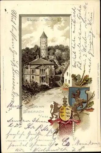 Präge Wappen Litho Biberach an der Riß in Oberschwaben, Theater und Weißer Turm